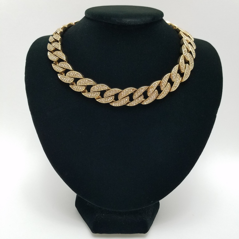 Goldtone Clear Rhinestones Chunky Chain Statement Necklace Old Money